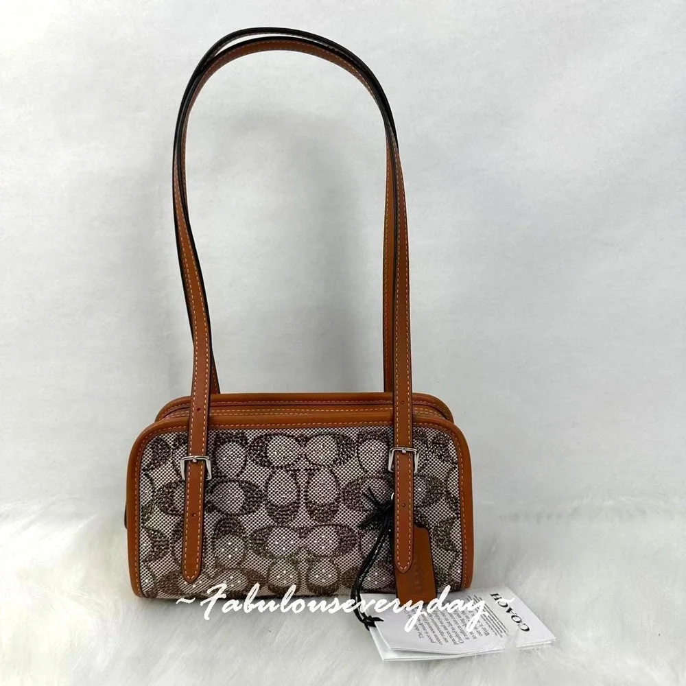 Coach Swing Zip Bag 20 Crystal Signature Jacquard Silver/Burnished Amber CBH53